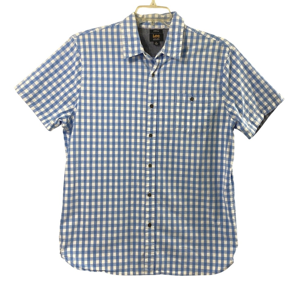 Lee Shirt Mens XL Blue White Gingham Check Button Up Short Sleeve Regular Fit
